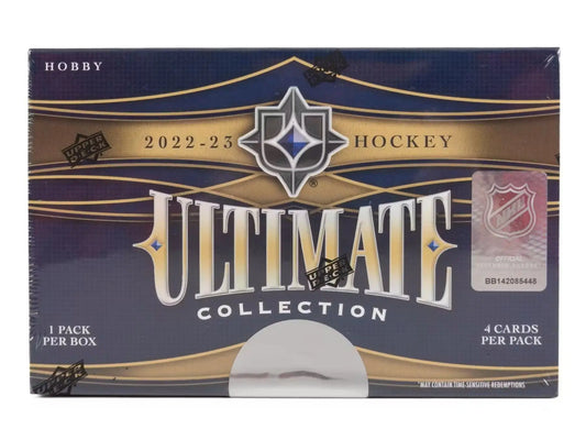2022-23 Upper Deck Ultimate Collection Hockey Hobby Box featuring base set and auto patch cards