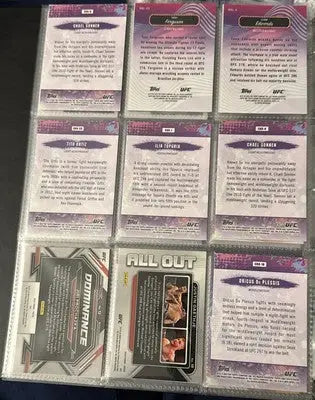 Binder page with nine UFC trading cards from 2022-24 UFC 102 Card Lot collection