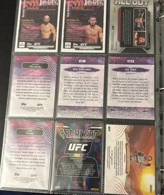 Binder page with nine collectible UFC trading cards from 2022-24 UFC 102 card lot