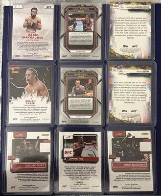 UFC trading card lot featuring rookies, vets, Prizm, Refrac, and base cards in sleeves