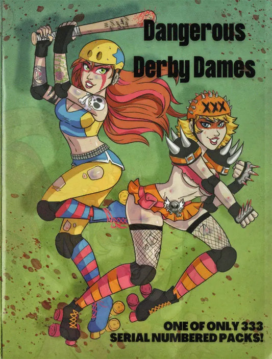 Comic book cover of roller derby players in punk outfits for Dangerous Derby Dames Sketch Card Pack