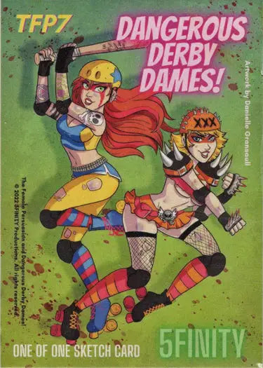 Colorful sketch card of roller derby players by Danielle Gransaull in dynamic poses