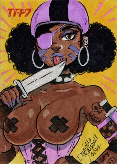 Stylized cartoon of a woman with an eye patch and knife on Danielle Gransaull sketch card