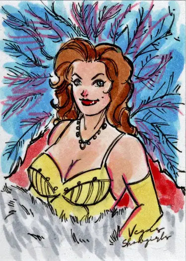 Colorful sketch card illustration of a woman with red hair by Barush Merling