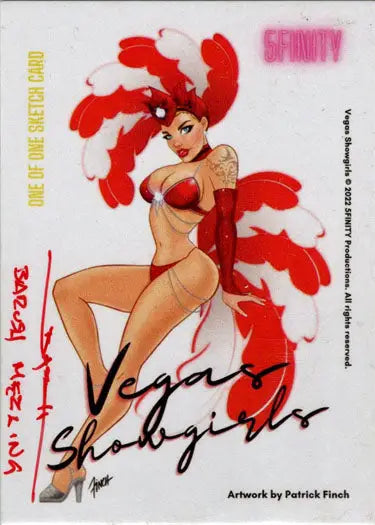 Pin-up style illustration of a showgirl in a red and white feathered costume sketch card