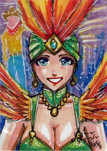 Colorful portrait of a woman in feathered headdress, 2022 Ernesto Warting sketch card