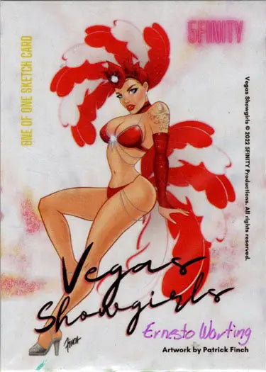 Stylized illustration of a showgirl in a red costume from Ernesto Warting sketch card