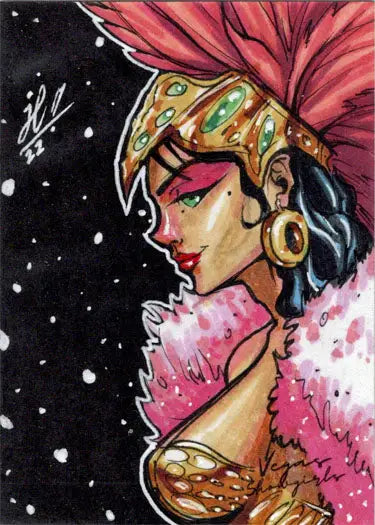 Colorful portrait of a woman with headdress in Jose Carlos Sanchez sketch card design