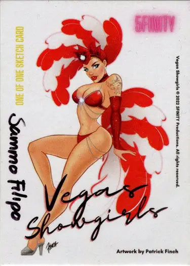 Stylized illustration of a showgirl in red feathers from Sammo Filipo’s sketch card series