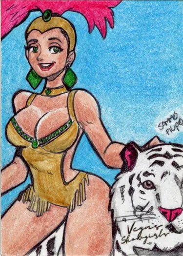 Colorful sketch card featuring a woman in yellow on a white tiger by Sammo Filipo