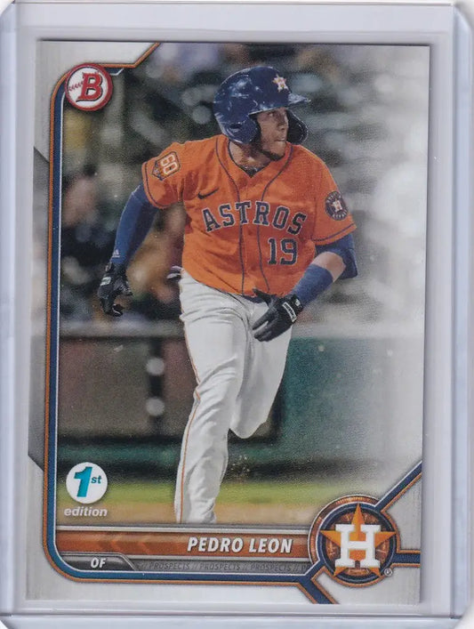 Baseball card of Pedro Leon Houston Astros in orange jersey running in 2022 Bowman 1st Edition