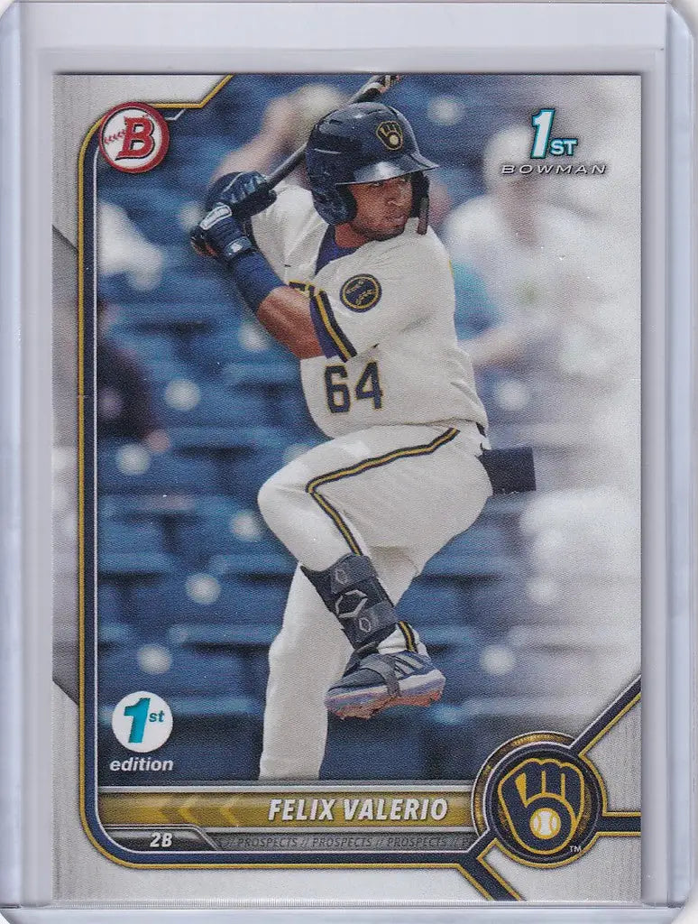 Baseball card of Felix Valerio Milwaukee Brewers in batting stance from Bowman 1st Edition
