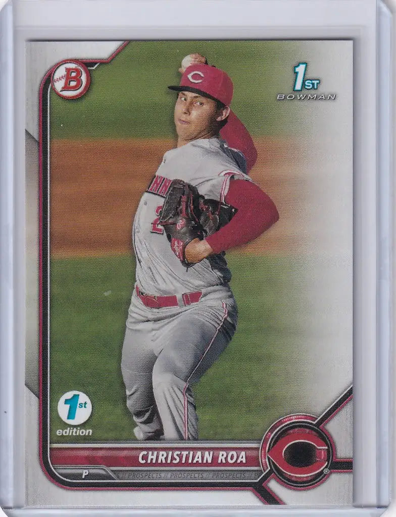 Baseball card of Christian Roa from the Cincinnati Reds in mid-throw, Bowman 1st Edition