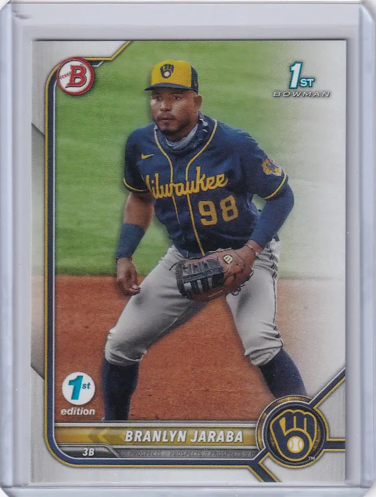 Baseball card of Branlyn Jaraba Milwaukee Brewers in fielding stance, Bowman 1st Edition