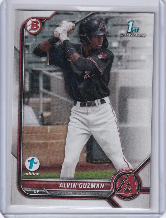 Baseball trading card of Alvin Guzman Arizona in batting stance from Bowman 1st Edition