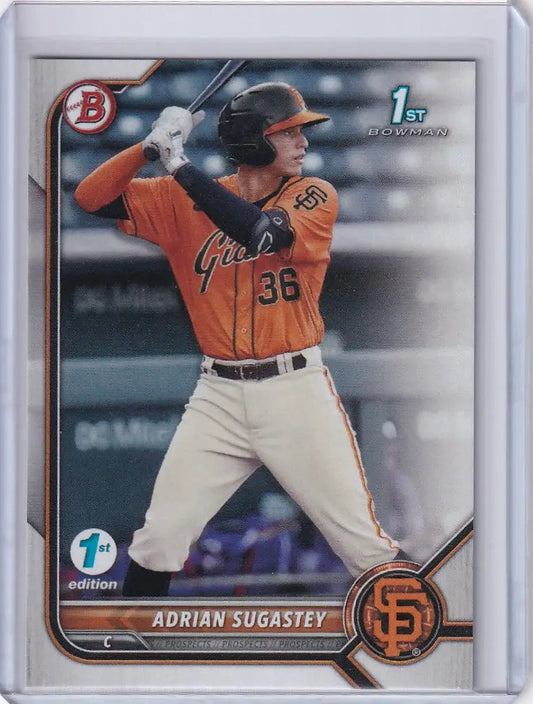 Baseball card of Adrian Sugastey San in batting stance from Bowman 1st Edition