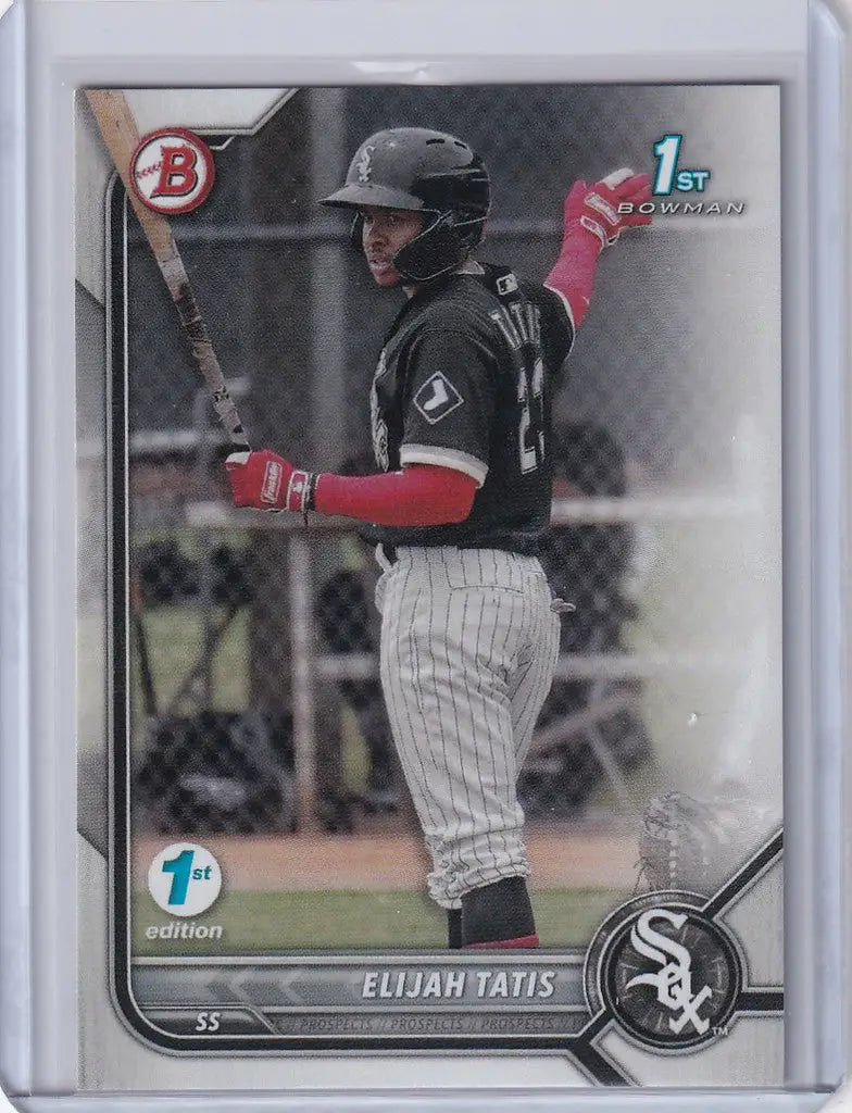 Baseball card of Elijah Tatis Chicago White Sox in a batting stance from Bowman 1st Edition
