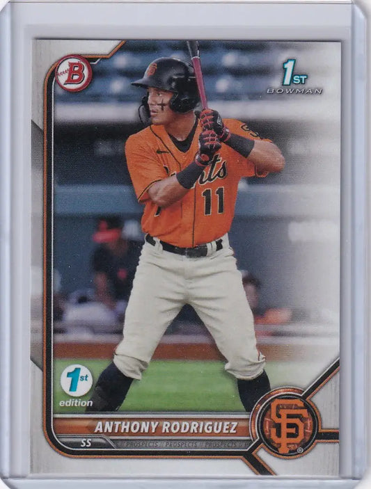 Baseball card of Anthony Rodriguez San Francisco Giants in an orange and black uniform