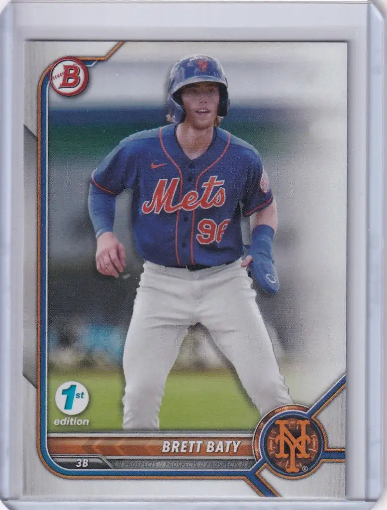 Baseball card of Brett Baty in batting stance from 2022 Bowman 1st Edition