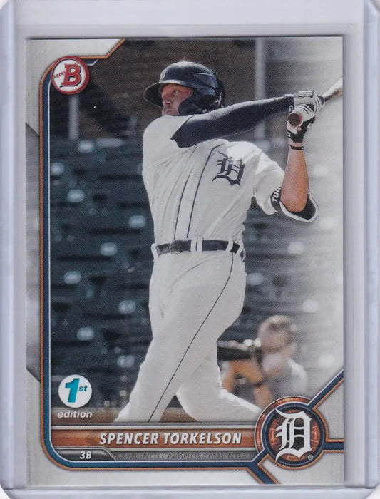 Baseball card of Spencer Torkelson Detroit Tigers mid-swing from Bowman 1st Edition
