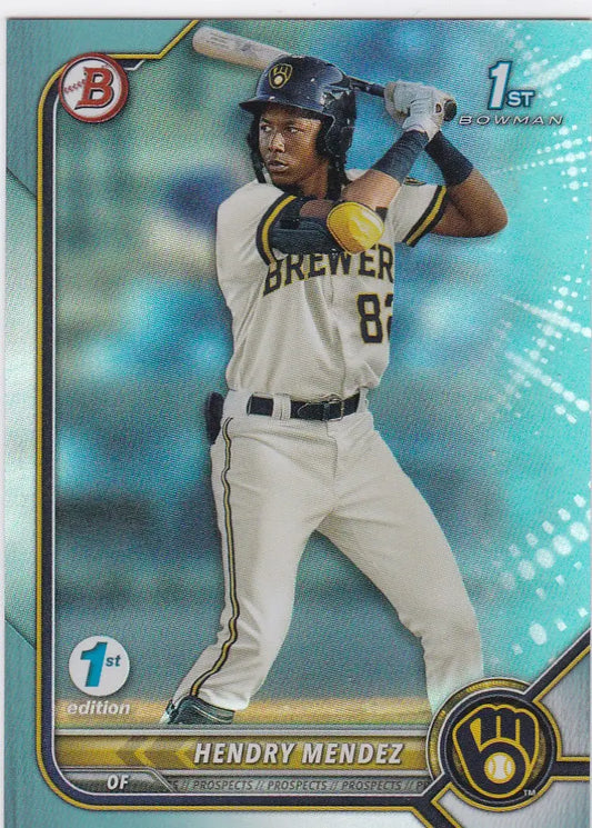 Baseball card of Hendry Mendez in batting stance from 2022 Bowman 1st Edition