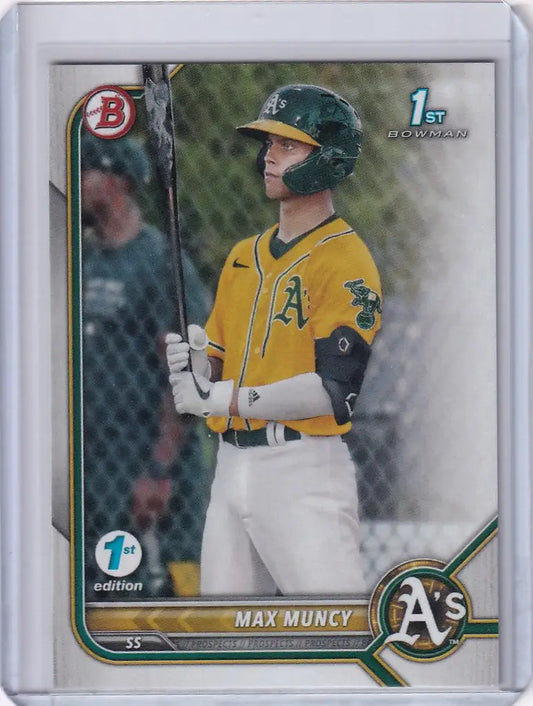 Baseball card of Max Muncy from 2022 Bowman 1st Edition with Oakland Athletics in yellow jersey
