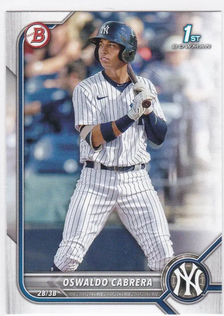 Baseball card of Oswaldo Cabrera in pinstriped uniform from 2022 Bowman 1st Paper