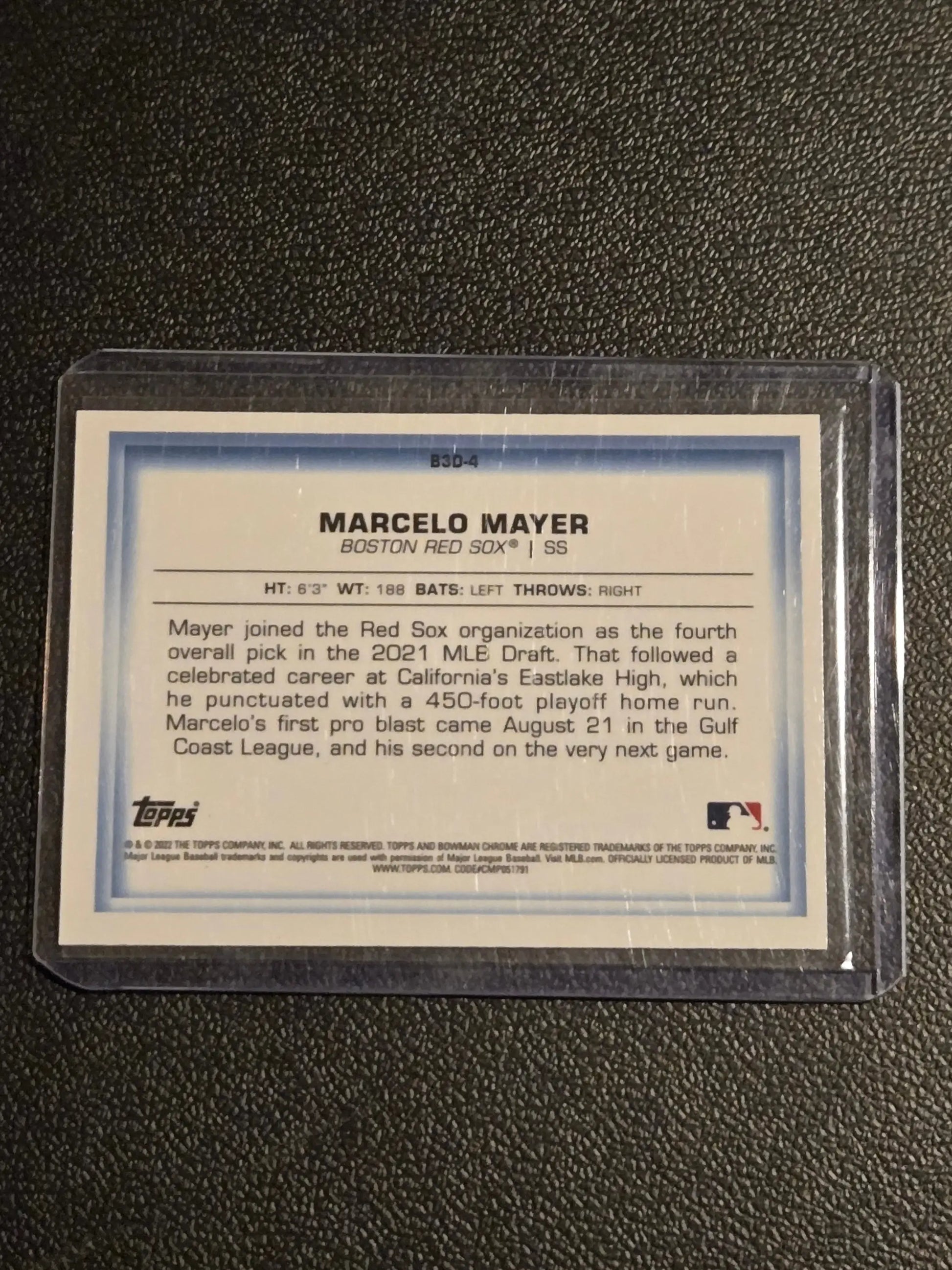 Baseball trading card of Marcelo Mayer Bowman in a clear protective sleeve
