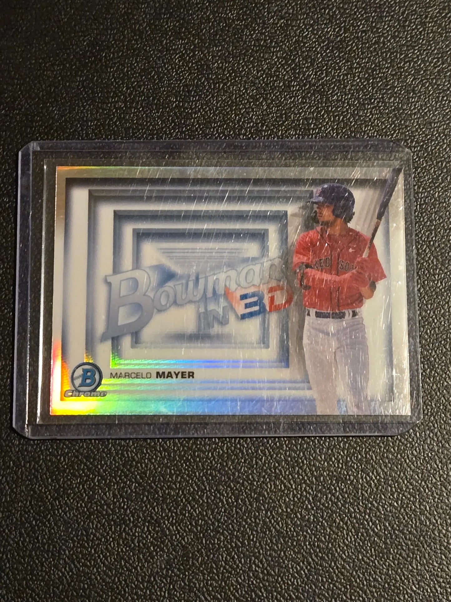 Baseball trading card featuring Marcelo Mayer in red shirt and white pants from Mayer Bowman