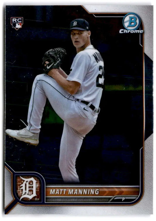 Baseball card of Matt Manning, Rookie Card for Detroit Tigers, in white uniform mid-windup