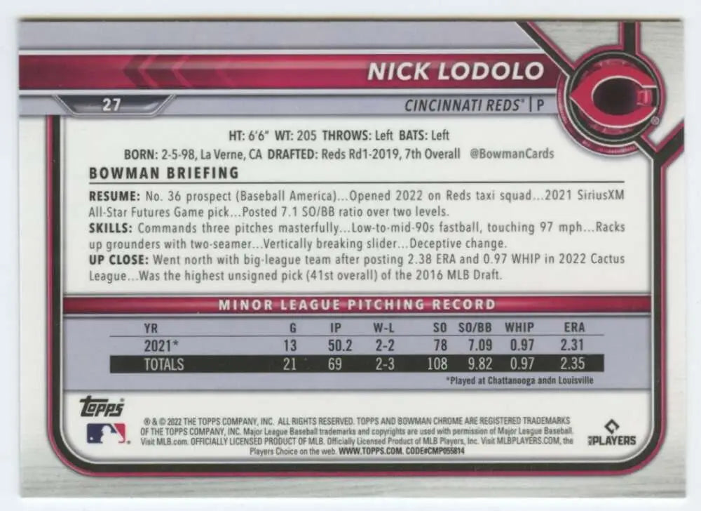 Baseball card featuring Nick Lodolo stats from 2022 Bowman Chrome for Cincinnati Reds