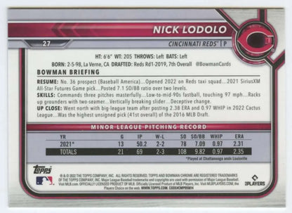 Baseball card featuring Nick Lodolo stats from 2022 Bowman Chrome for Cincinnati Reds