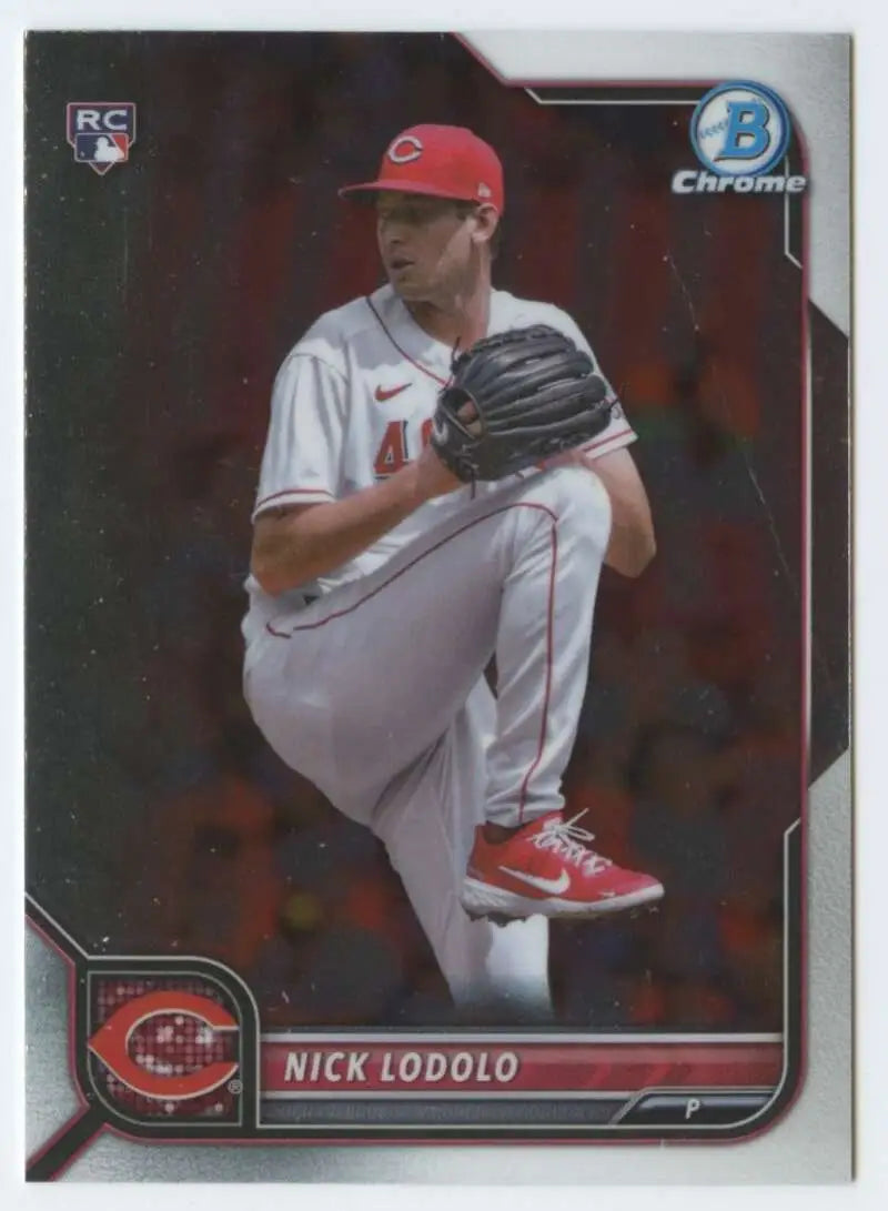 Baseball card of Nick Lodolo, Cincinnati Reds pitcher, mid-windup from Bowman Chrome