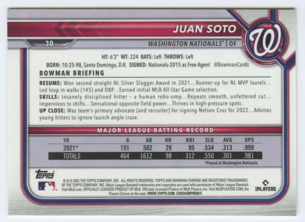 Baseball trading card featuring Juan Soto of the Washington Nationals, Bowman Chrome