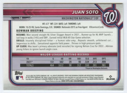 Baseball trading card featuring Juan Soto of the Washington Nationals, Bowman Chrome