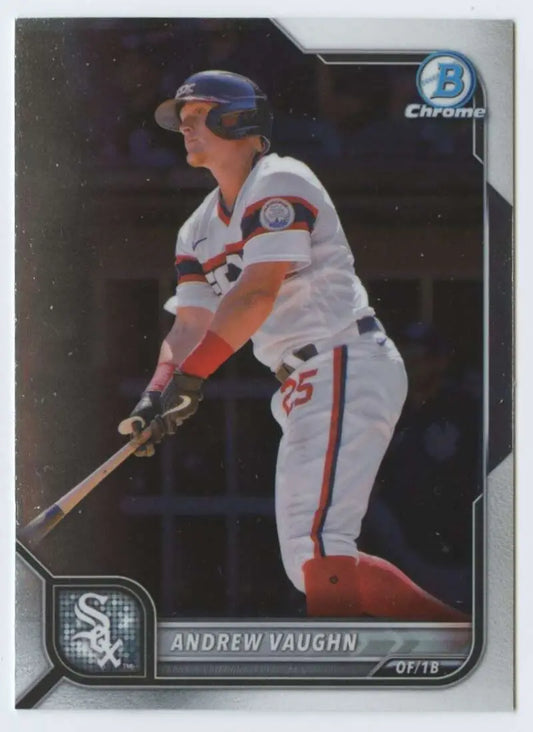 Baseball card of Andrew Vaughn swinging bat, showcasing White Sox uniform details