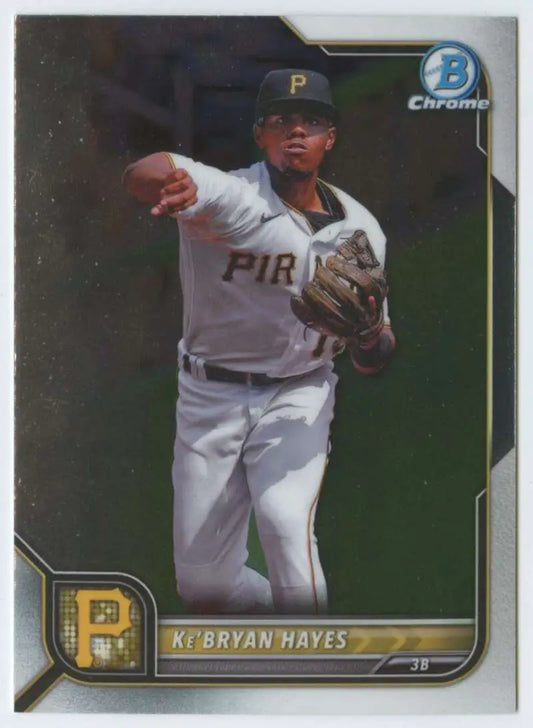Baseball card of Ke’Bryan Hayes in white uniform for Pittsburgh Pirates