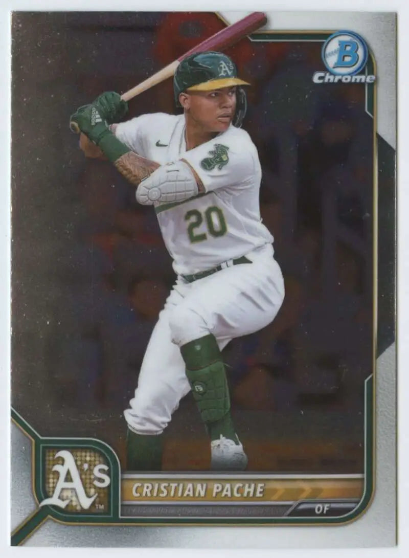 Cristian Pache batting on 2022 Bowman Chrome Oakland Athletics baseball card