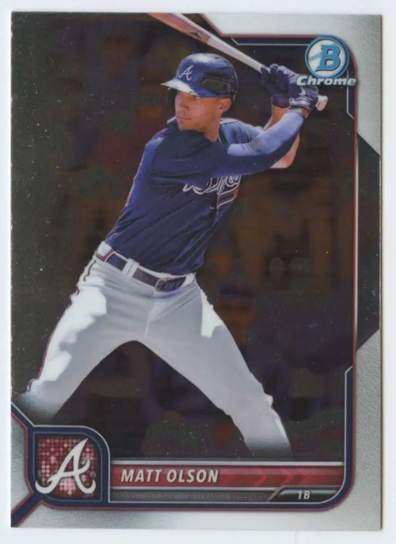 Baseball card of Matt Olson in batting stance wearing Atlanta Braves navy jersey