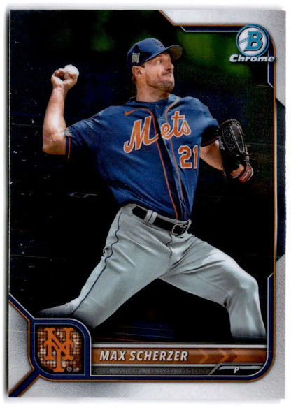 Baseball card of Max Scherzer in mid-throwing motion for New York Mets