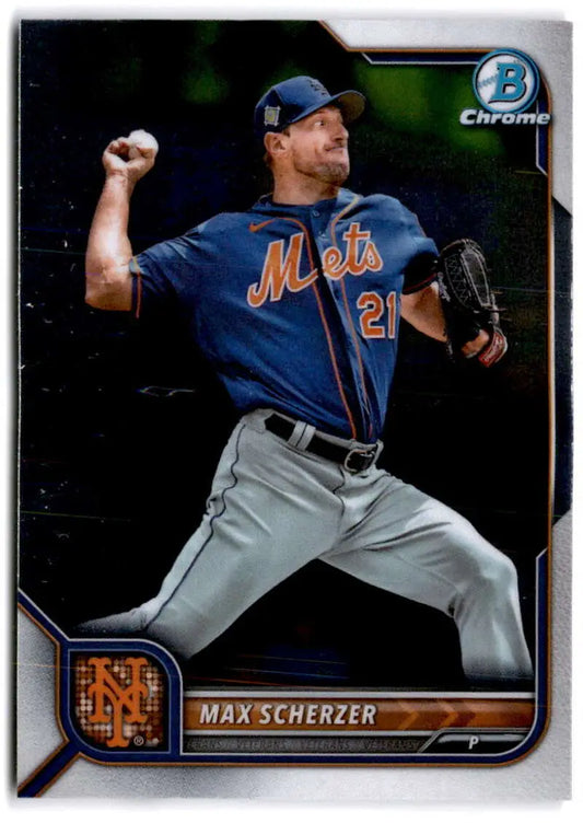 Baseball card of Max Scherzer in mid-throwing motion for New York Mets