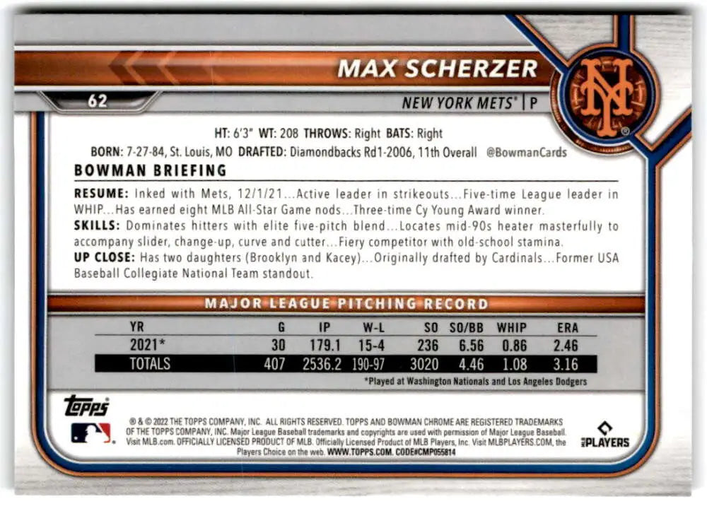 Baseball card of Max Scherzer featuring statistics and bio with New York Mets