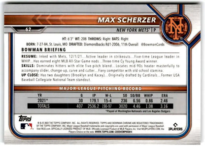 Baseball card of Max Scherzer featuring statistics and bio with New York Mets