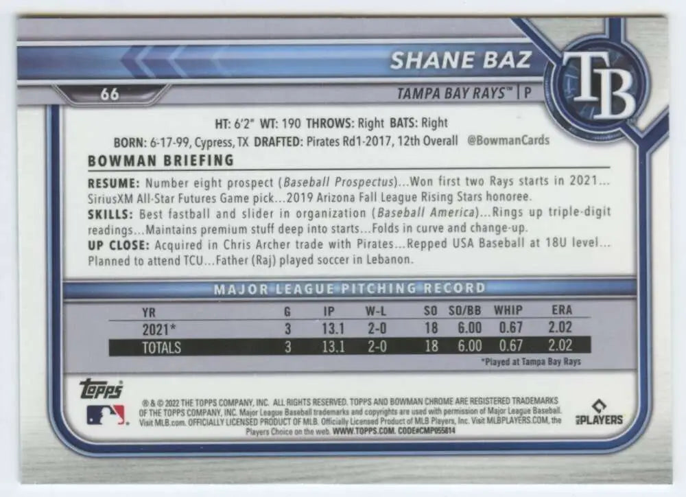 Shane Baz Baseball Card featuring statistics for Tampa Bay Rays pitcher