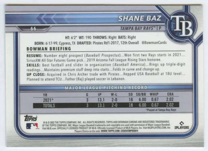 Shane Baz Baseball Card featuring statistics for Tampa Bay Rays pitcher