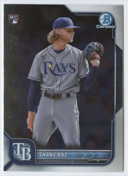 Shane Baz baseball card showcasing Tampa Bay Rays pitcher in gray road uniform