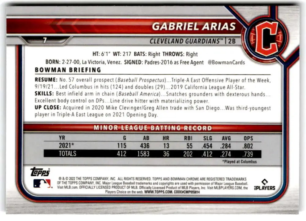 Baseball card featuring Gabriel Arias with stats in a red and white Bowman Chrome design