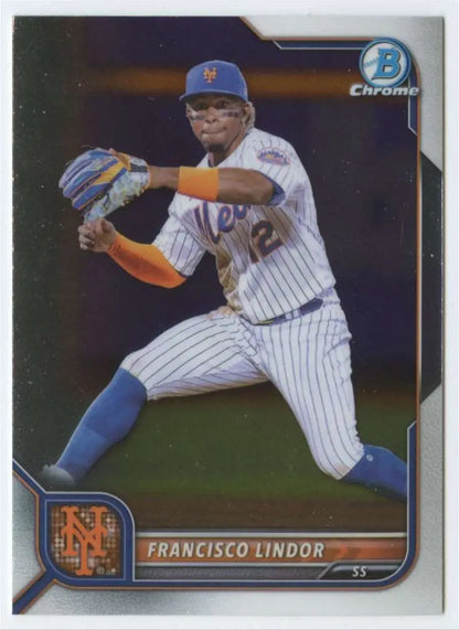 Francisco Lindor making a throw on the New York Mets baseball card in pinstripes