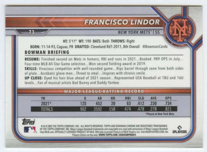 Baseball card featuring Francisco Lindor MLB stats for New York Mets 2022 Bowman Chrome