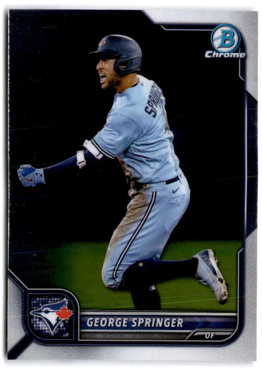 Baseball card of George Springer celebrating as a Toronto Blue Jays player in Bowman Chrome